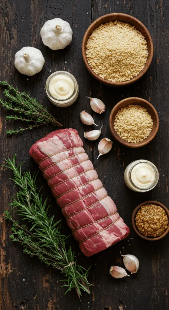 The simple, from-scratch ingredients for the classic and impressive Holiday Herb-Crusted Beef Tenderloin.