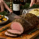 The whole, homemade, impressive, and crusted Beef Tenderloin being carved as the centerpiece at a fun and sophisticated Christmas party.