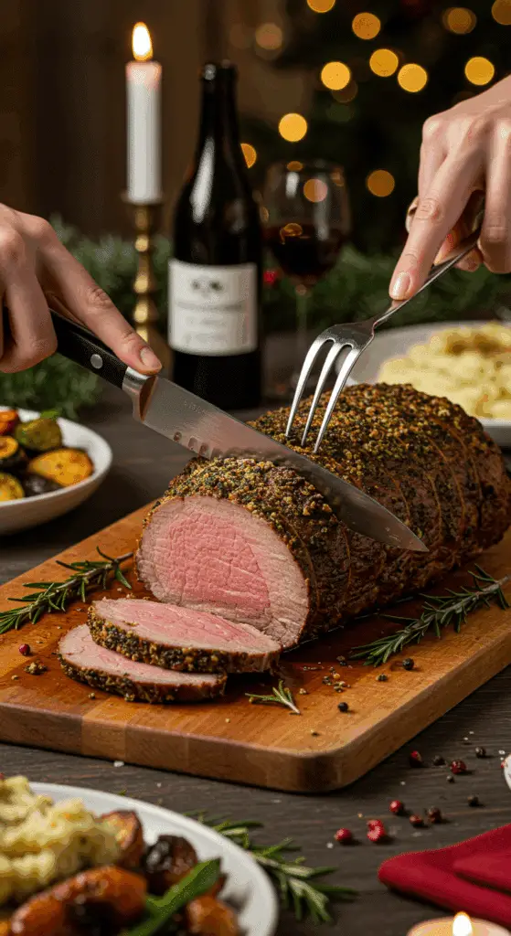 The whole, homemade, impressive, and crusted Beef Tenderloin being carved as the centerpiece at a fun and sophisticated Christmas party.