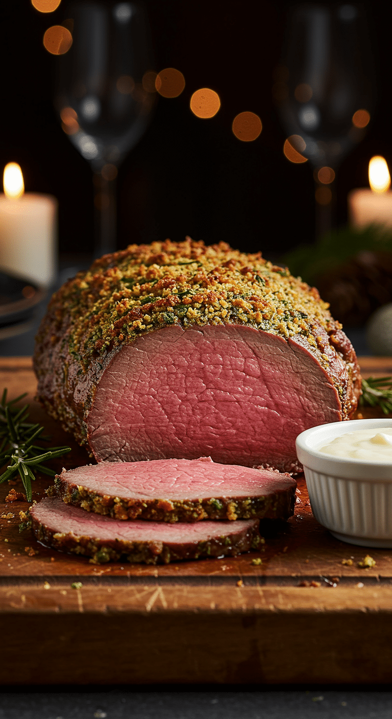 A beautiful, rustic cutting board with a homemade, juicy, and impressive Christmas Beef Tenderloin, with a crispy, golden-brown herb crust and a perfect, rosy-pink, medium-rare interior.