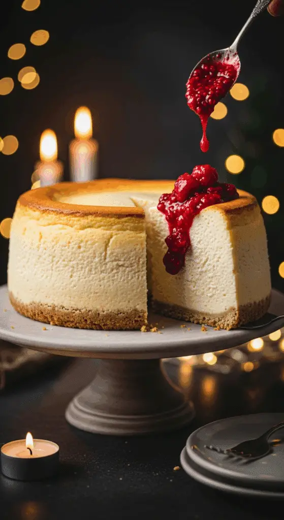 A beautiful, elegant cake stand with a homemade, festive, and crack-free Italian Ricotta Cheesecake, with a creamy, pale yellow interior and a luscious, red raspberry sauce.