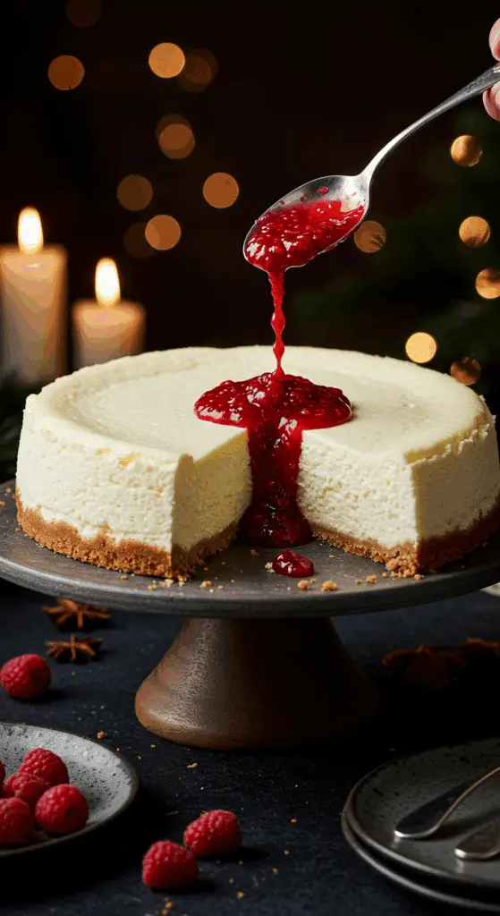 A beautiful, elegant cake stand with a homemade, festive, and crack-free Italian Ricotta Cheesecake, with a creamy, pale yellow interior and a luscious, red raspberry sauce.