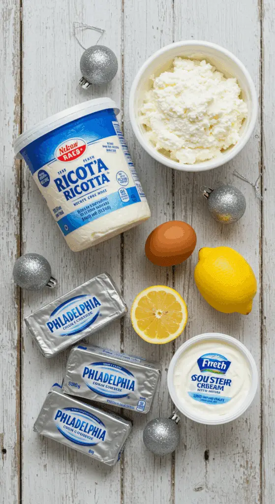The simple, from-scratch ingredients for the classic and impressive Holiday Italian Ricotta Cheesecake.