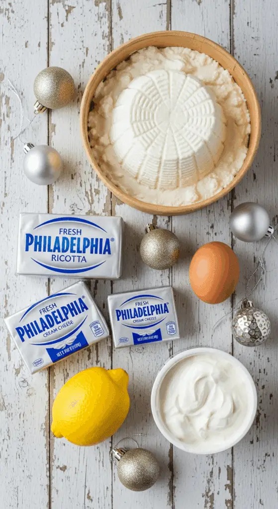 The simple, from-scratch ingredients for the classic and impressive Holiday Italian Ricotta Cheesecake.