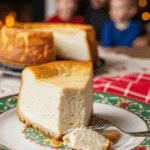 A beautiful plate with a homemade, festive, and creamy slice of an Italian Ricotta Cheesecake being served for a holiday dessert.