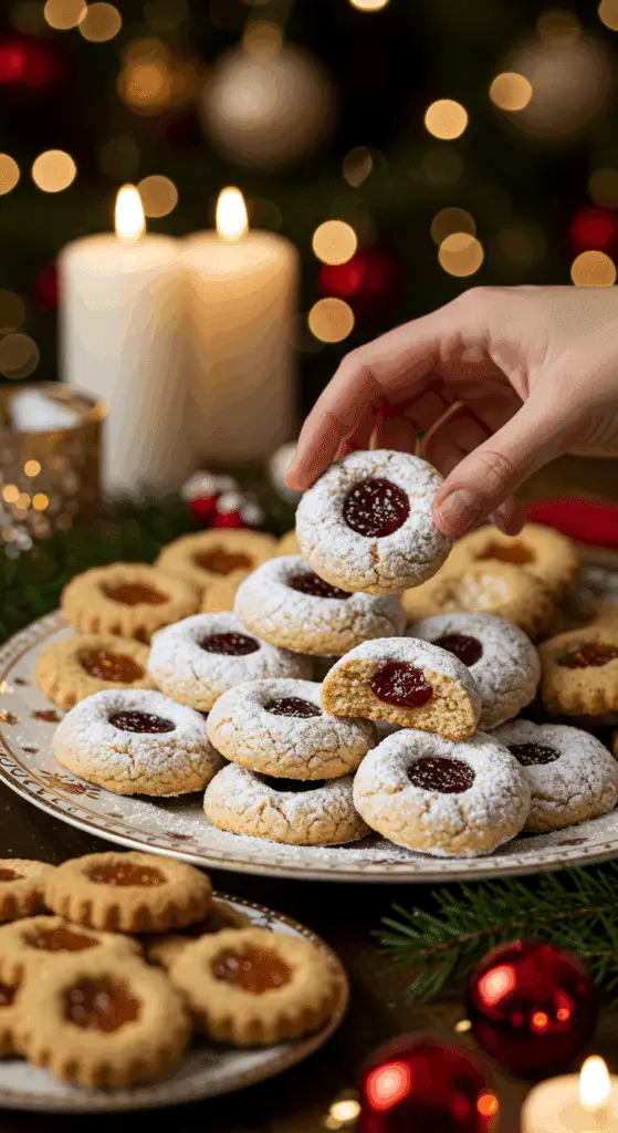 A beautiful, rustic platter of homemade, festive, and buttery "Granny's" Jam-Filled Cookies, with one broken in half to show the tender, flaky interior.