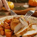 A beautiful plate of a homemade, elegant, and juicy Dutch Oven Turkey Breast, being served with caramelized root vegetables and pan gravy at a Thanksgiving dinner.