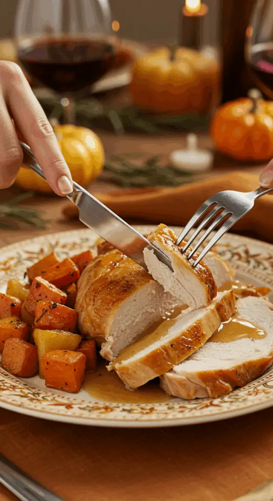 A beautiful plate of a homemade, elegant, and juicy Dutch Oven Turkey Breast, being served with caramelized root vegetables and pan gravy at a Thanksgiving dinner.