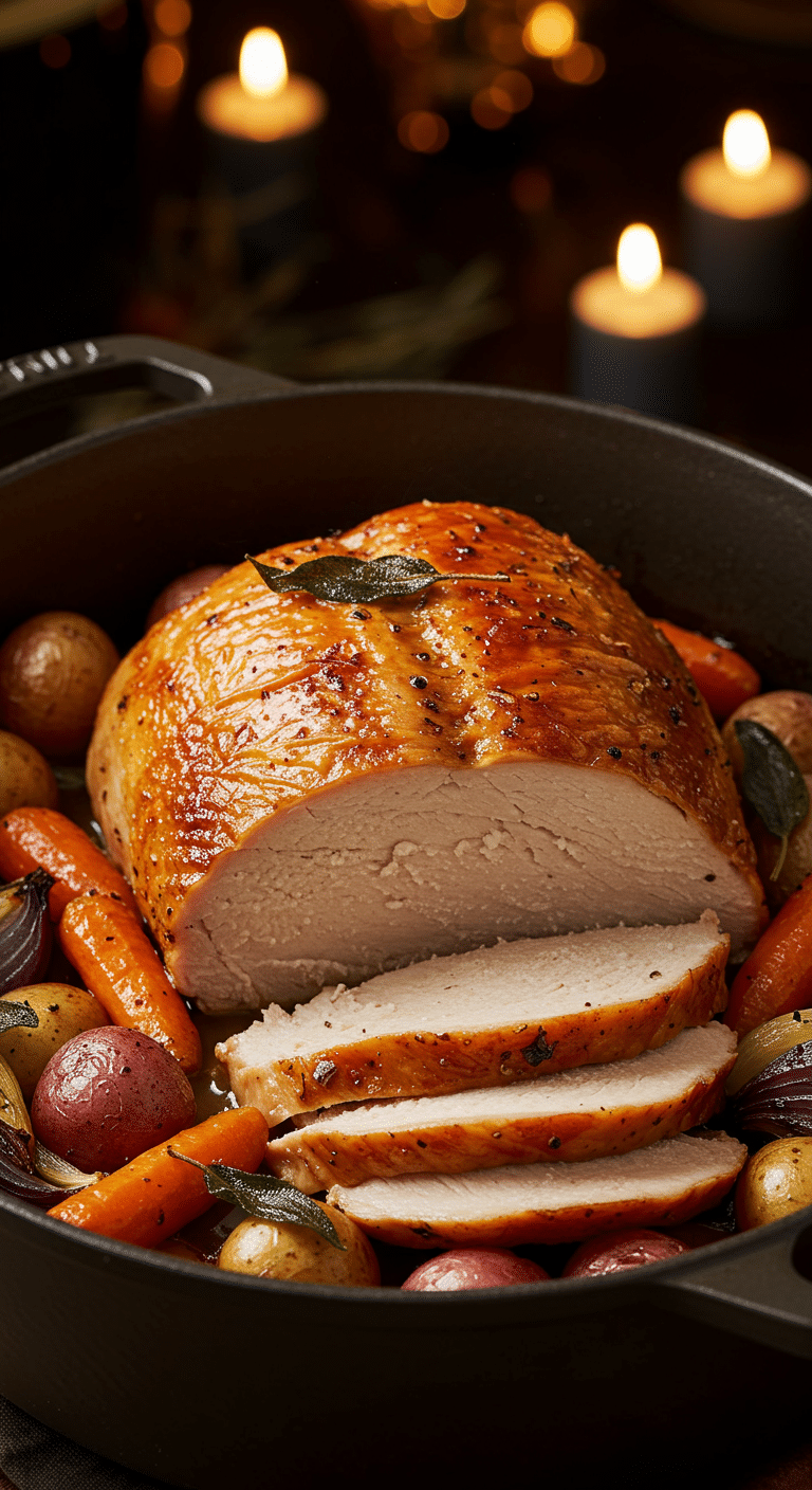 A beautiful, rustic Dutch oven with a homemade, juicy, and impressive Roasted Turkey Breast, with a crispy, golden-brown skin, surrounded by roasted root vegetables in a pan gravy.