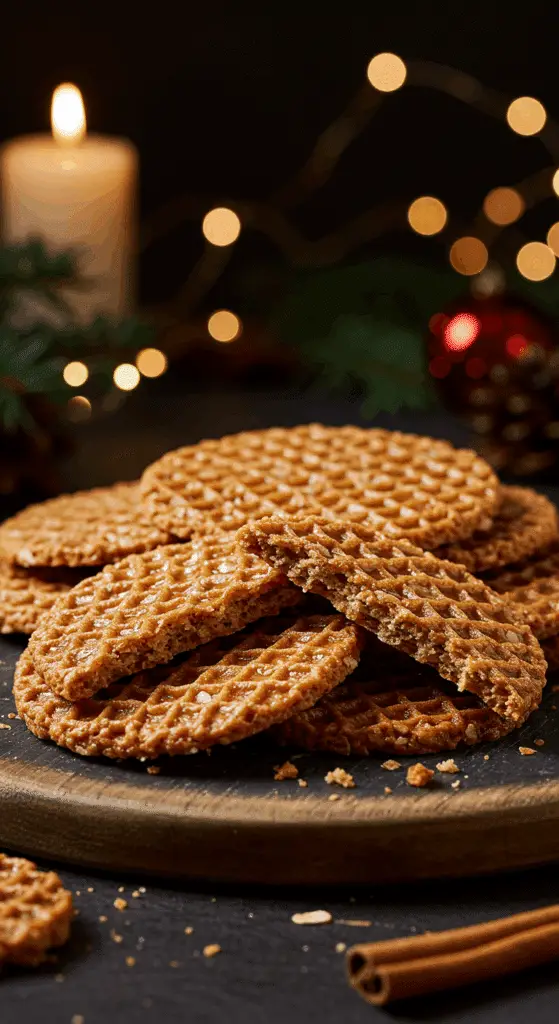 A beautiful, rustic platter of homemade, festive, and crispy "Nana's" Lace Cookies, with one broken in half to show the thin, lacy, and caramelized texture.