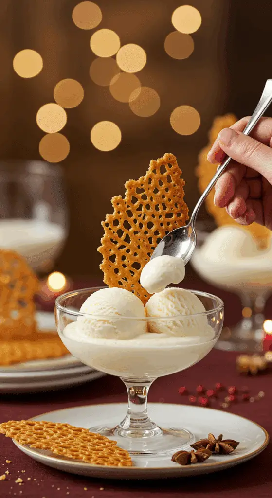 A beautiful, lacy, and curved "Nana's" Lace Cookie being served as a "tuile" garnish on a glass dish of vanilla bean ice cream at a holiday party.