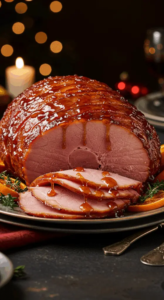 A beautiful, elegant platter with a homemade, juicy, and impressive Holiday Maple-Bourbon Glazed Ham, with a glossy, dark glaze dripping down the spiral slices.