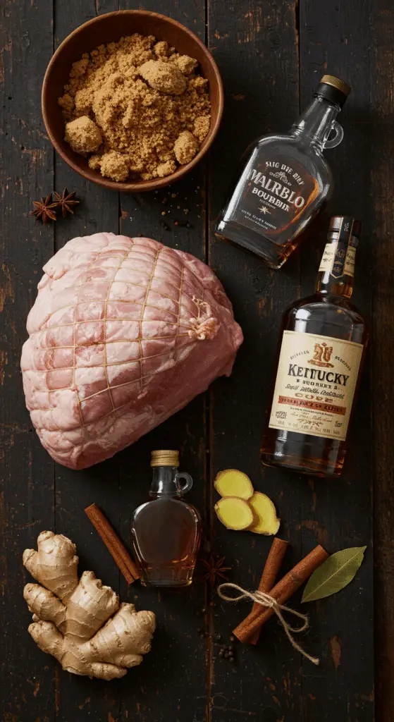 The simple, from-scratch ingredients for the classic and impressive Holiday Maple-Bourbon Glazed Ham.