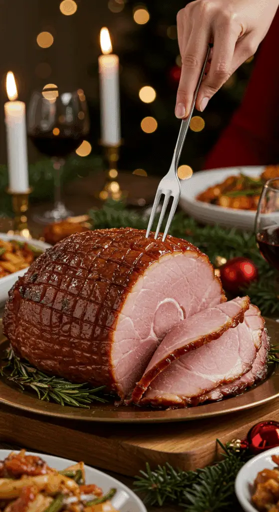 The whole, homemade, impressive, and glazed Spiral-Cut Ham being served as the centerpiece at a fun and sophisticated Christmas party.