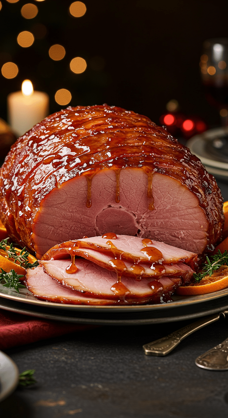 A beautiful, elegant platter with a homemade, juicy, and impressive Holiday Maple-Bourbon Glazed Ham, with a glossy, dark glaze dripping down the spiral slices.