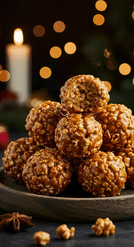 A beautiful, rustic platter of homemade, festive, and chewy Old-Fashioned Caramel Popcorn Balls, with a glossy, deep amber-colored caramel coating.