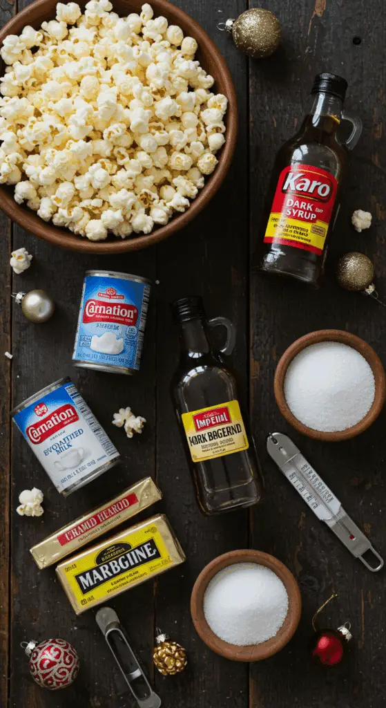 The simple, from-scratch ingredients for the classic and impressive Holiday Old-Fashioned Caramel Popcorn Balls.