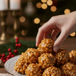 The impressive, homemade platter of beautiful and festive Caramel Popcorn Balls being served as the centerpiece on a dessert table at a sophisticated Christmas party.
