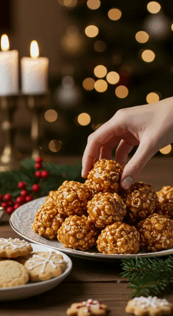 The impressive, homemade platter of beautiful and festive Caramel Popcorn Balls being served as the centerpiece on a dessert table at a sophisticated Christmas party.