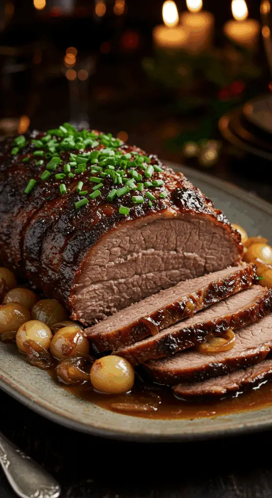 A beautiful, rustic platter with a homemade, juicy, and impressive Onion-Braised Brisket, with a dark, glossy crust and a tender, sliced interior, served on a bed of caramelized onion gravy.