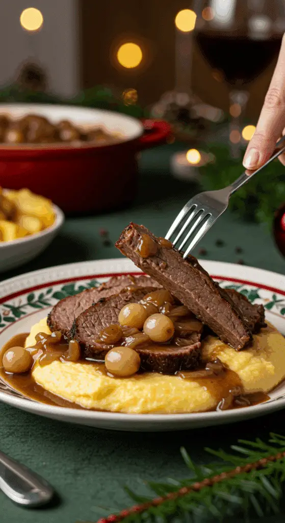 A beautiful plate of a homemade, elegant, and sliced Onion-Braised Brisket, being served over creamy polenta at a holiday dinner.