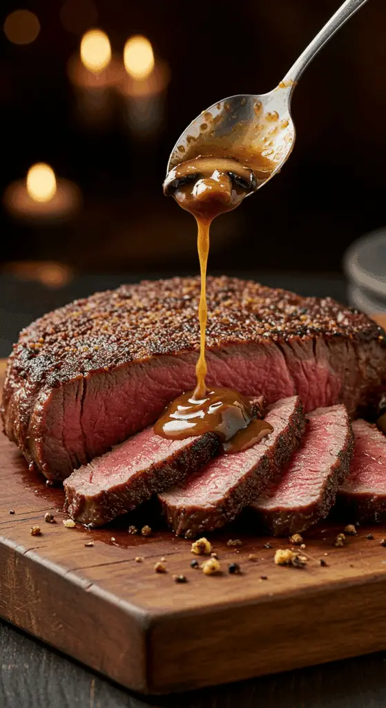 A beautiful, rustic cutting board with a homemade, juicy, and impressive Pan-Seared Rib-Eye, with a crispy, dark crust, a rosy-pink interior, and a glossy, brown mushroom sauce being spooned over the top.