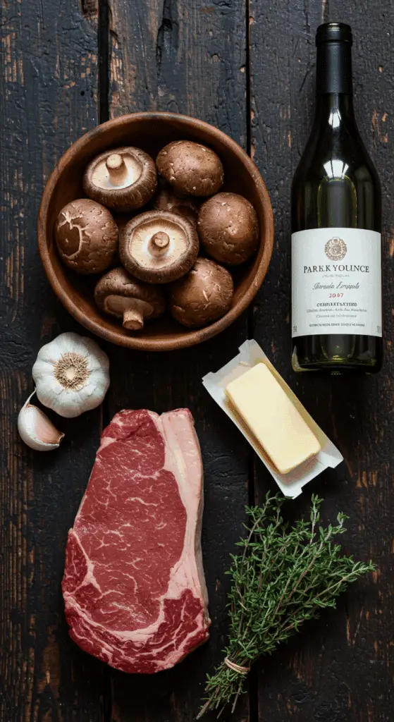 The simple, from-scratch ingredients for the classic and impressive Pan-Seared Rib-Eye with Mushroom-Hunter's Sauce.