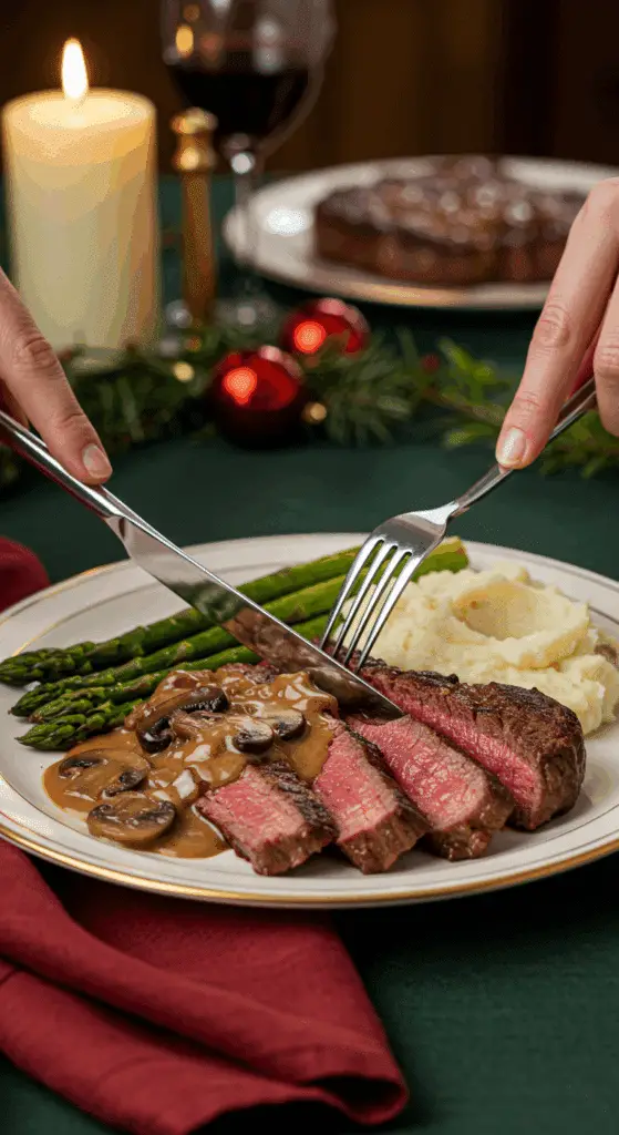 A beautiful plate of a homemade, elegant, and sliced Pan-Seared Rib-Eye, being served with a rich mushroom sauce, mashed potatoes, and roasted asparagus at a holiday dinner.