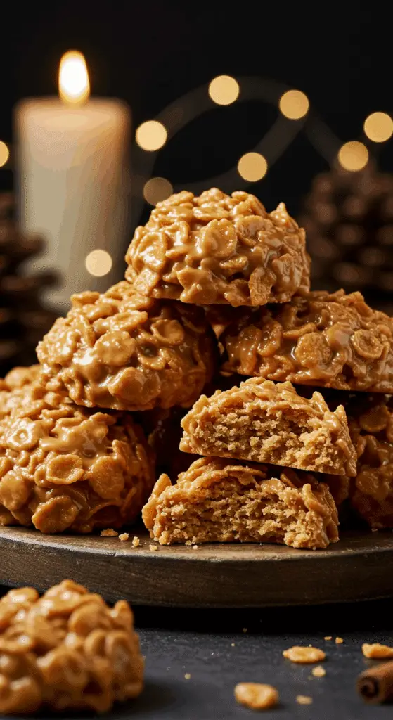 A beautiful, rustic platter of homemade, festive, and chewy "Grama's" No-Bake Peanut Butter Cornflake Cookies, with one broken in half to show the chewy, cornflake-packed interior.