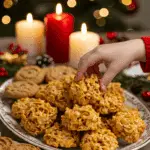 he impressive, homemade platter of beautiful and festive "Grama's" No-Bake Cornflake Cookies being served as the centerpiece on a cookie platter at a sophisticated Christmas party.