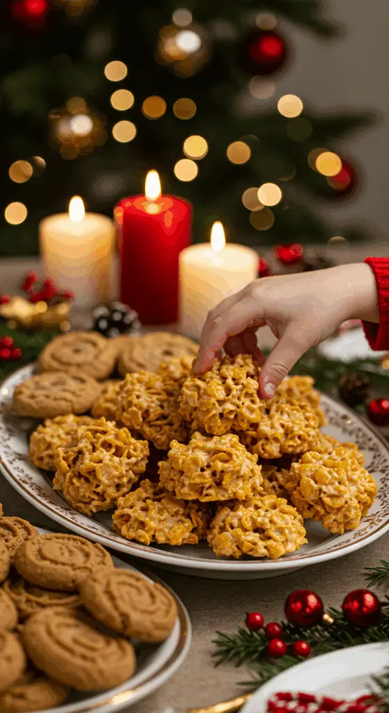 he impressive, homemade platter of beautiful and festive "Grama's" No-Bake Cornflake Cookies being served as the centerpiece on a cookie platter at a sophisticated Christmas party.