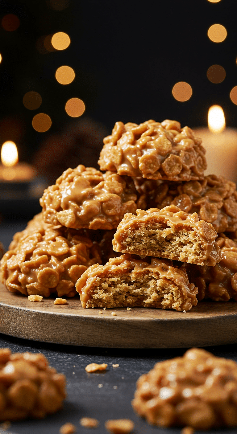 A beautiful, rustic platter of homemade, festive, and chewy "Grama's" No-Bake Peanut Butter Cornflake Cookies, with one broken in half to show the chewy, cornflake-packed interior.