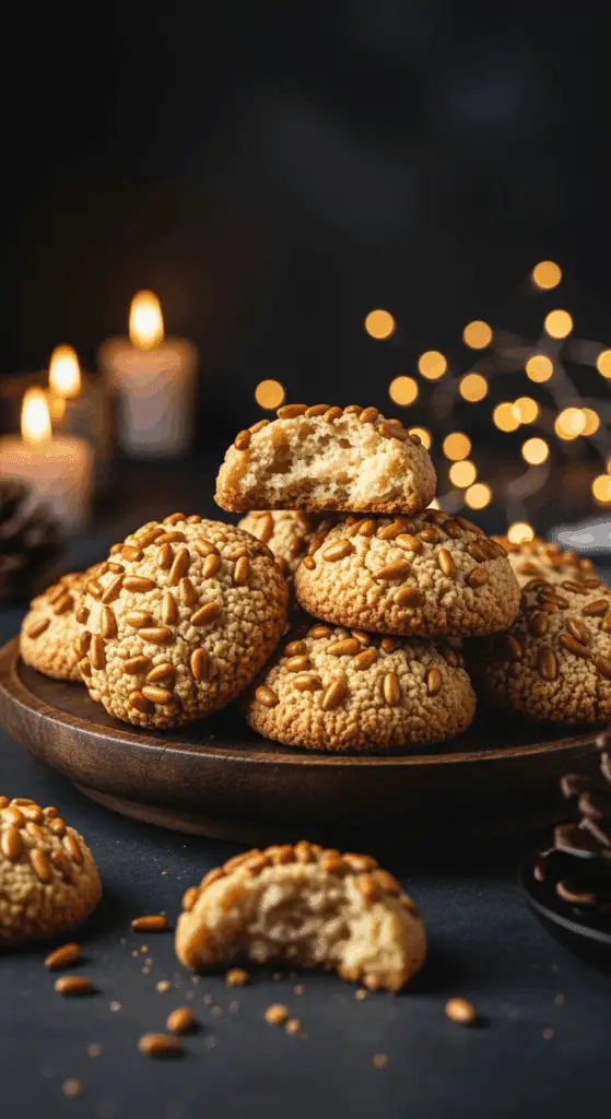 A beautiful, rustic platter of homemade, festive, and chewy "Grandma's" Pignoli Cookies, with one broken in half to show the tender, chewy, almond-paste interior.