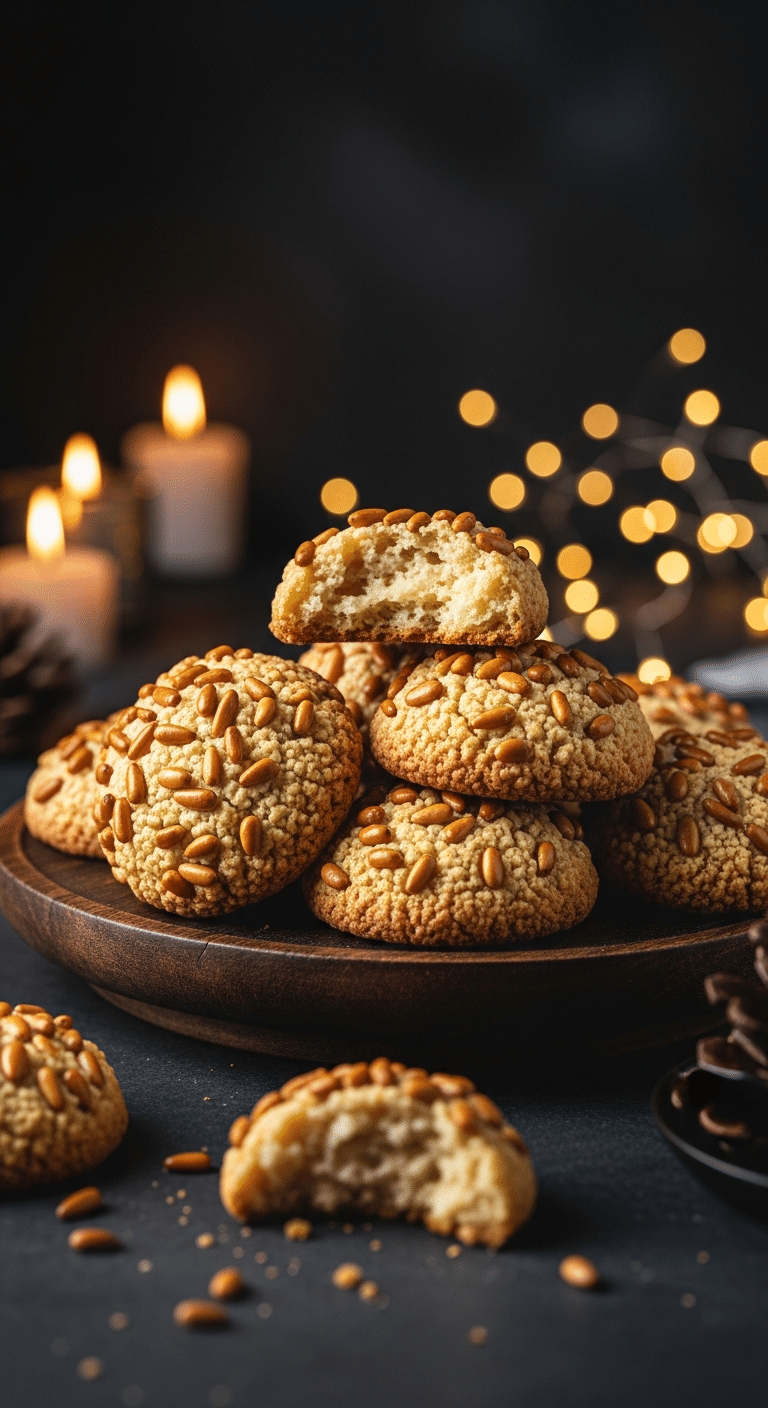 A beautiful, rustic platter of homemade, festive, and chewy "Grandma's" Pignoli Cookies, with one broken in half to show the tender, chewy, almond-paste interior.