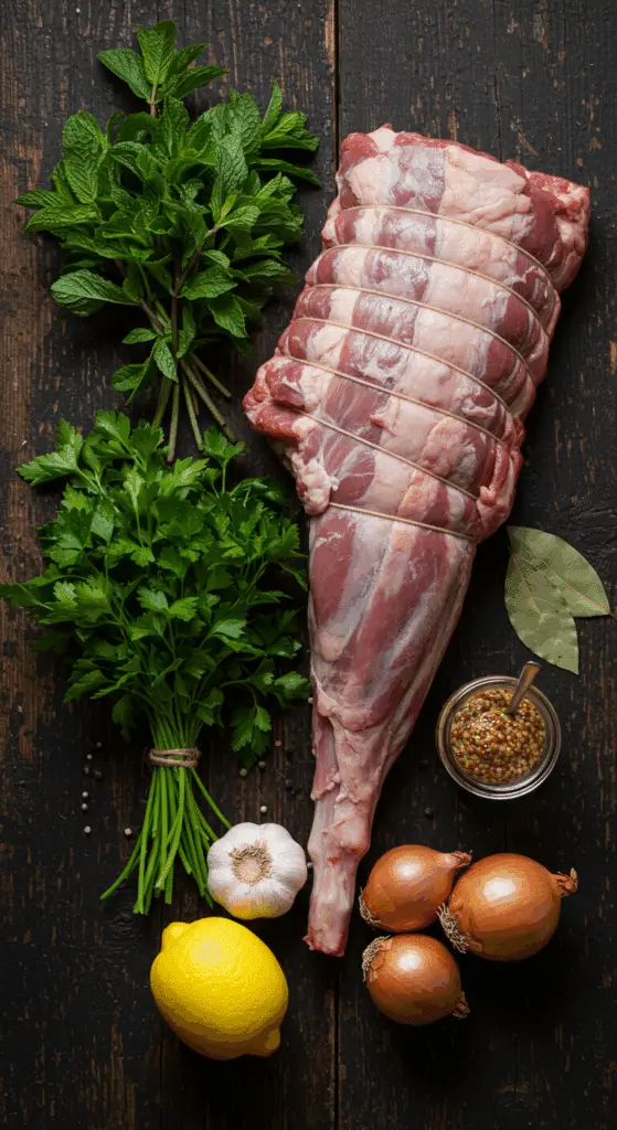 The simple, from-scratch ingredients for the classic and impressive Holiday Roasted Leg of Lamb with Lemony Herb Sauce.
