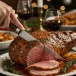 The whole, homemade, impressive, and crusted Roasted Leg of Lamb being carved as the centerpiece at a fun and sophisticated Christmas party.