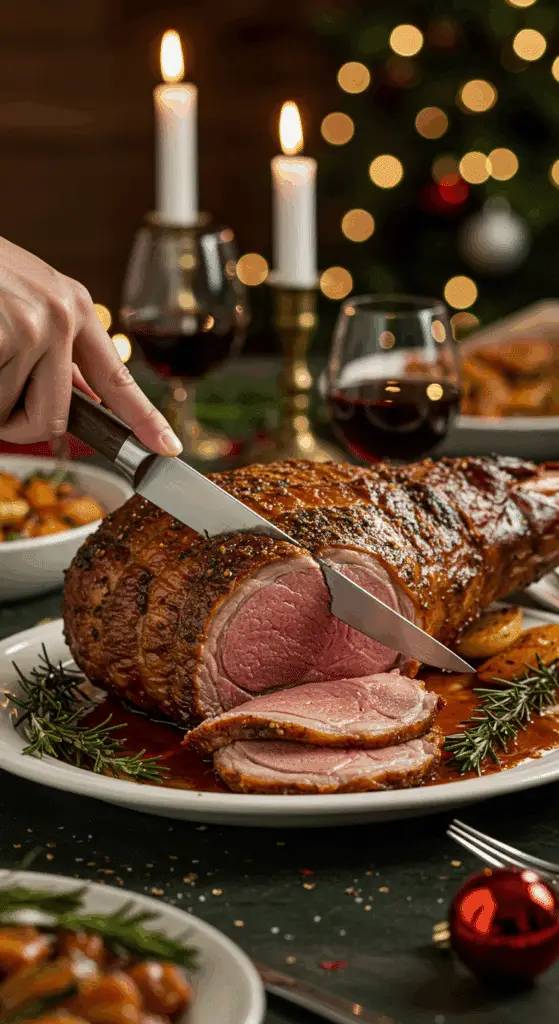 The whole, homemade, impressive, and crusted Roasted Leg of Lamb being carved as the centerpiece at a fun and sophisticated Christmas party.