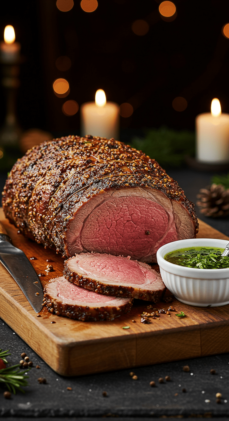 A beautiful, rustic cutting board with a homemade, juicy, and impressive Holiday Roasted Leg of Lamb, with a crispy, dark crust and a perfect, rosy-pink, medium-rare interior.