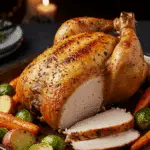 The whole, homemade, impressive, and golden-brown Roasted Spatchcock Chicken being carved as the centerpiece at a fun and sophisticated Sunday dinner party.