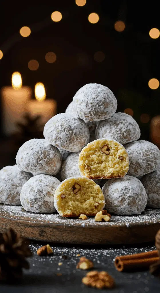 A beautiful, rustic platter of homemade, festive, and powdery Russian Tea Cakes, with one broken in half to show the tender, buttery, and walnut-studded interior.