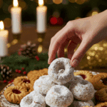 The impressive, homemade platter of powdery and festive Russian Tea Cakes being served as the centerpiece on a cookie platter at a sophisticated Christmas party.