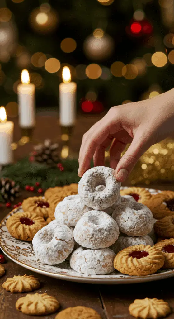 The impressive, homemade platter of powdery and festive Russian Tea Cakes being served as the centerpiece on a cookie platter at a sophisticated Christmas party.