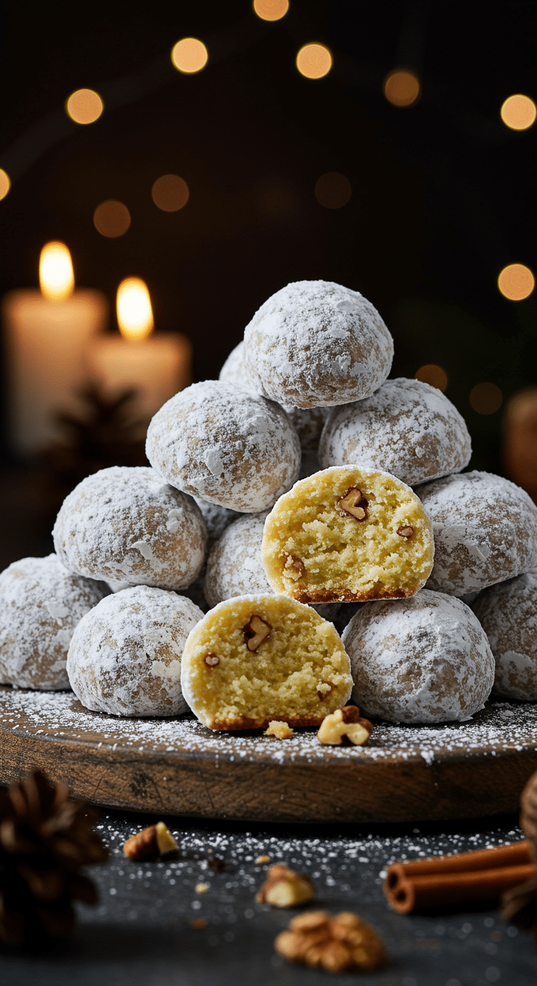 A beautiful, rustic platter of homemade, festive, and powdery Russian Tea Cakes, with one broken in half to show the tender, buttery, and walnut-studded interior.
