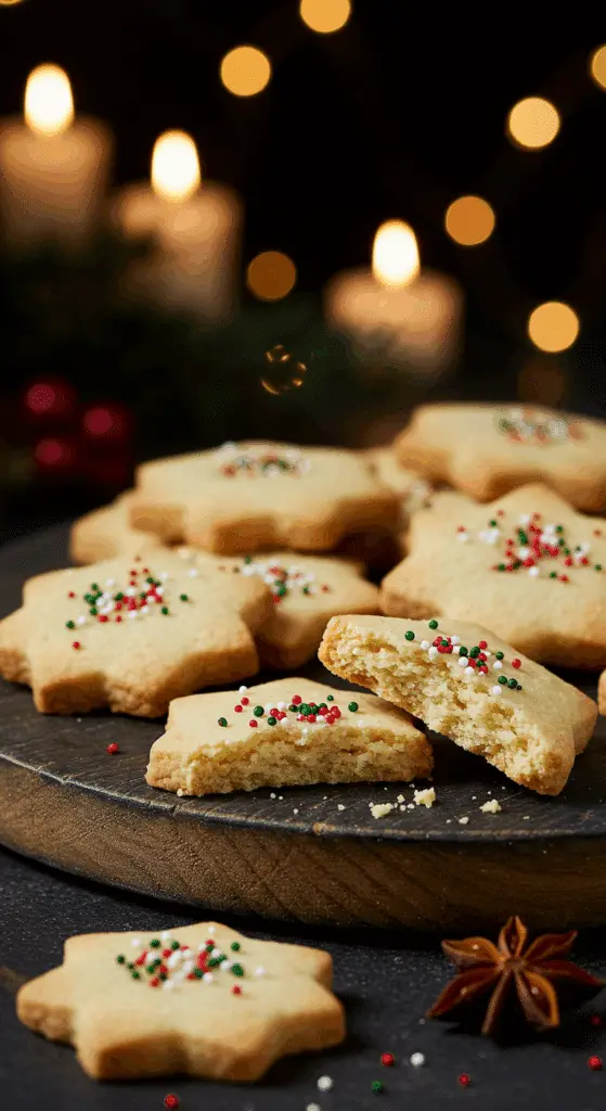 A beautiful, rustic platter of homemade, festive, and buttery "Festive" Shortbread Cookies, with one broken in half to show the tender, crumbly interior.