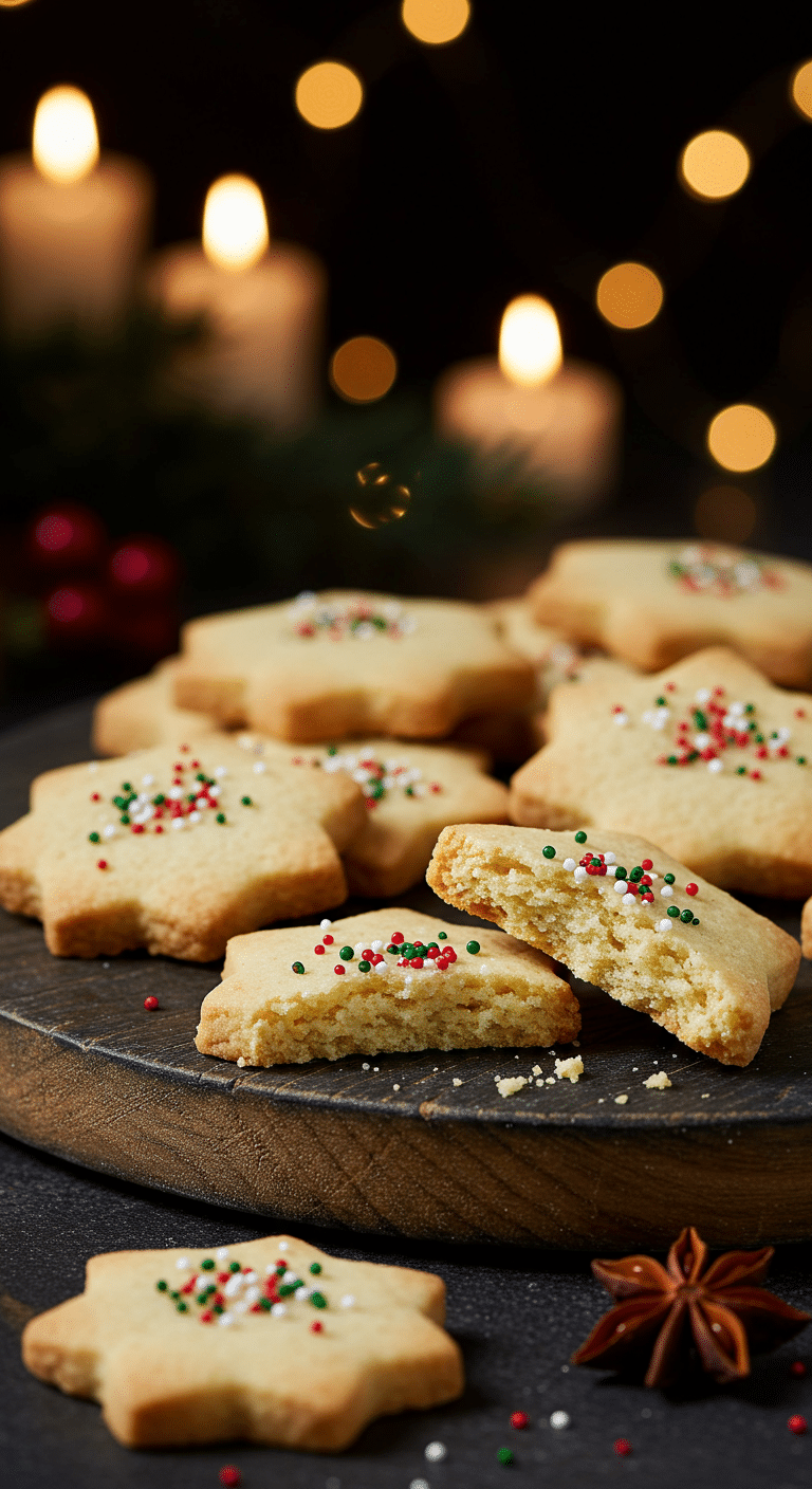 A beautiful, rustic platter of homemade, festive, and buttery "Festive" Shortbread Cookies, with one broken in half to show the tender, crumbly interior.