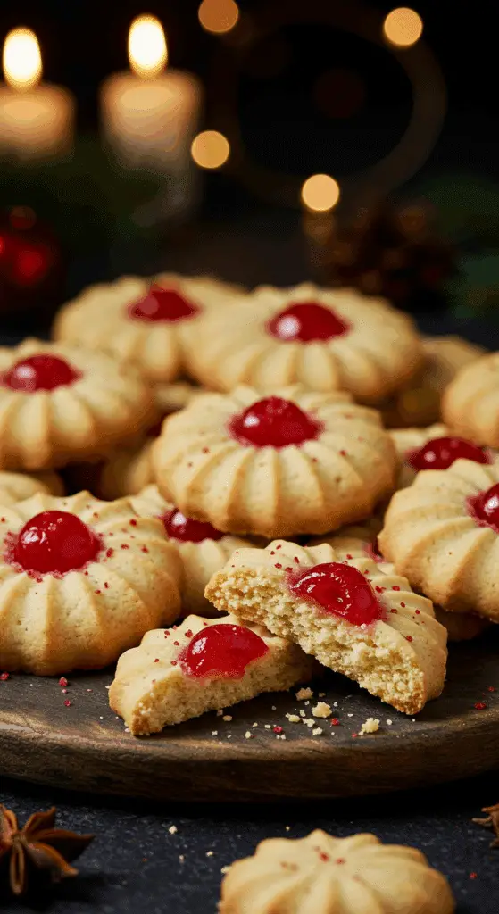 A beautiful, rustic platter of homemade, festive, and buttery "Granny's" Shortbread Cookies, with one broken in half to show the tender, crumbly interior and the red cherry top.