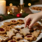 The impressive, homemade platter of beautiful and festive "Festive" Shortbread Cookies being served as the centerpiece on a cookie platter at a sophisticated Christmas party