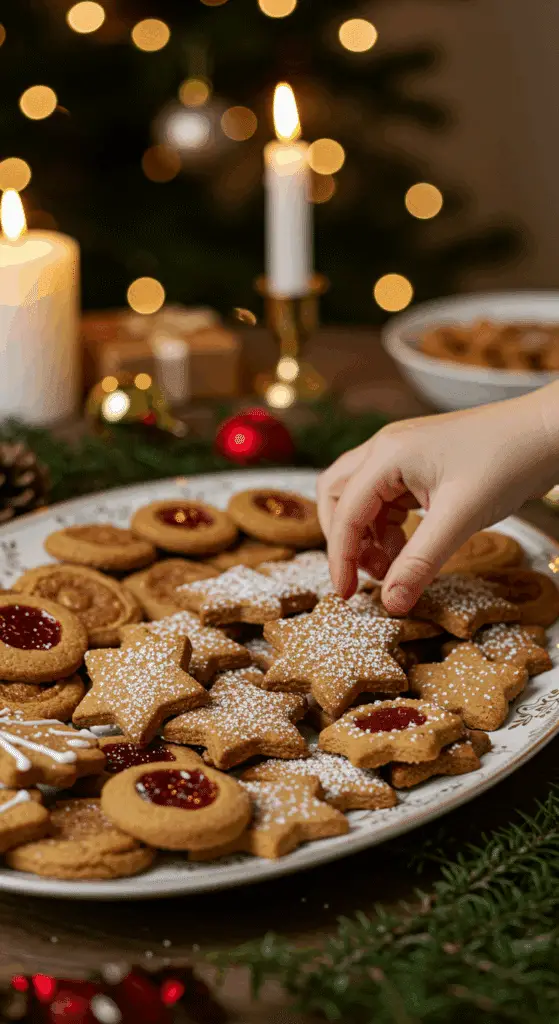 The impressive, homemade platter of beautiful and festive "Festive" Shortbread Cookies being served as the centerpiece on a cookie platter at a sophisticated Christmas party