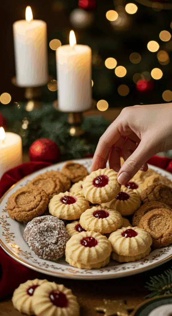 The impressive, homemade platter of beautiful and festive "Granny's" Shortbread Cookies being served as the centerpiece on a cookie platter at a sophisticated Christmas party.