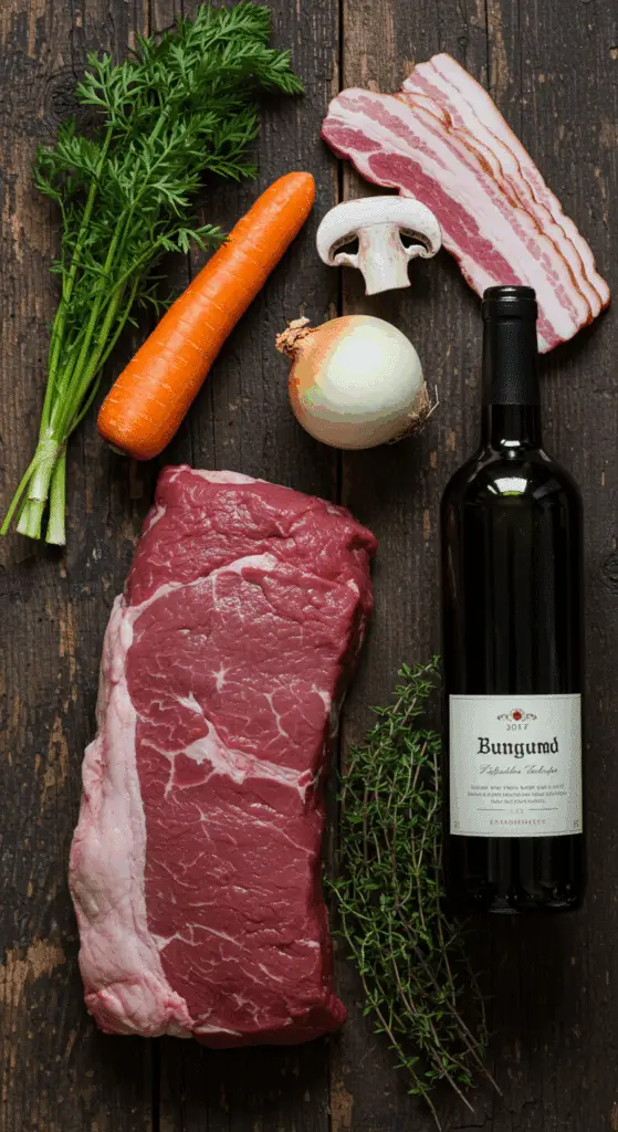 The simple, from-scratch ingredients for the classic and impressive Holiday Slow-Cooker Beef Bourguignon.